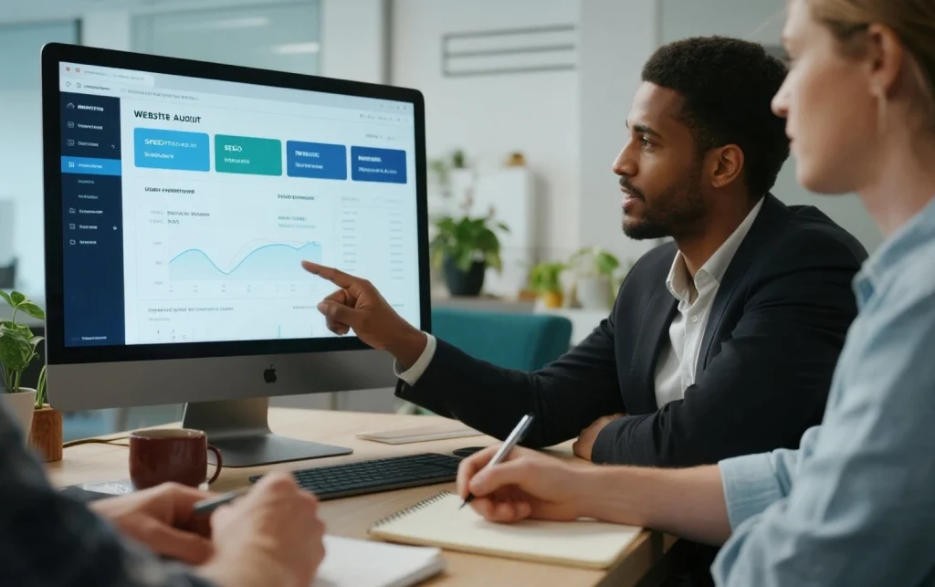 A marketing team discussing website call-to-action effectiveness using visual data on a large desktop screen.